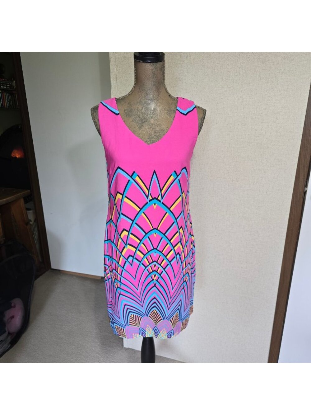 Pink Multicolor Geometric Vibrant Sleeveless Swing Dress Medium USA Made